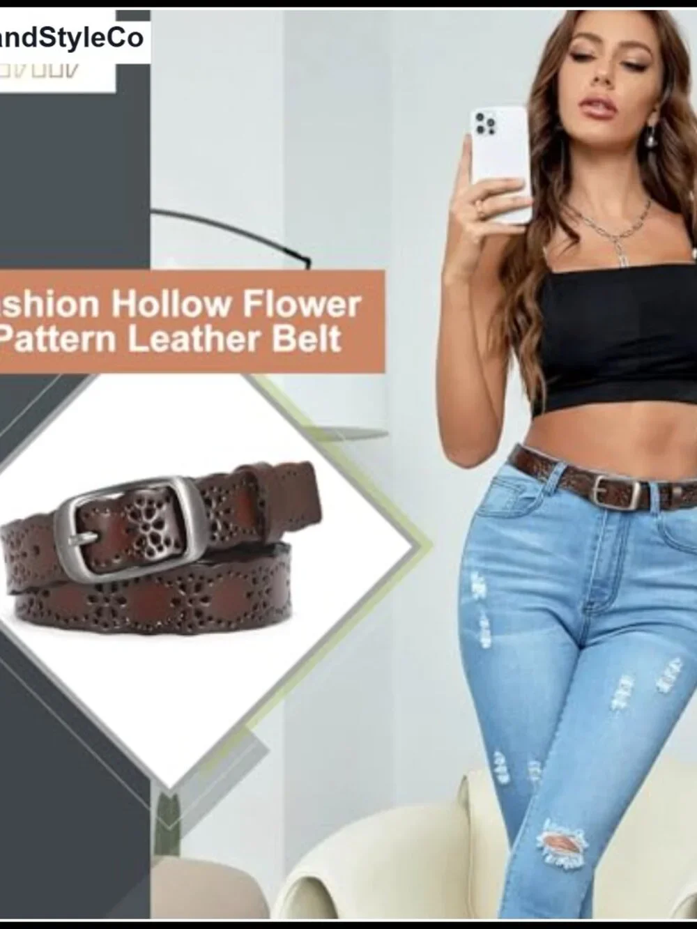 Women's Leather Belt Hollow Flower Design Waist Belt with Solid Pin Buckle